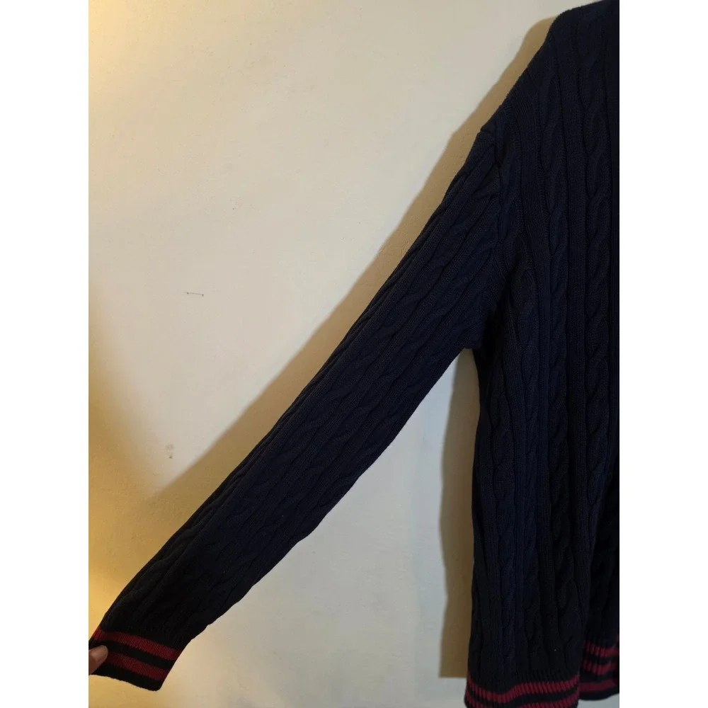 Old Navy Mens XL Tall Navy Blue Cable Knit V-Neck Sweater Red Trim Cotton Preppy